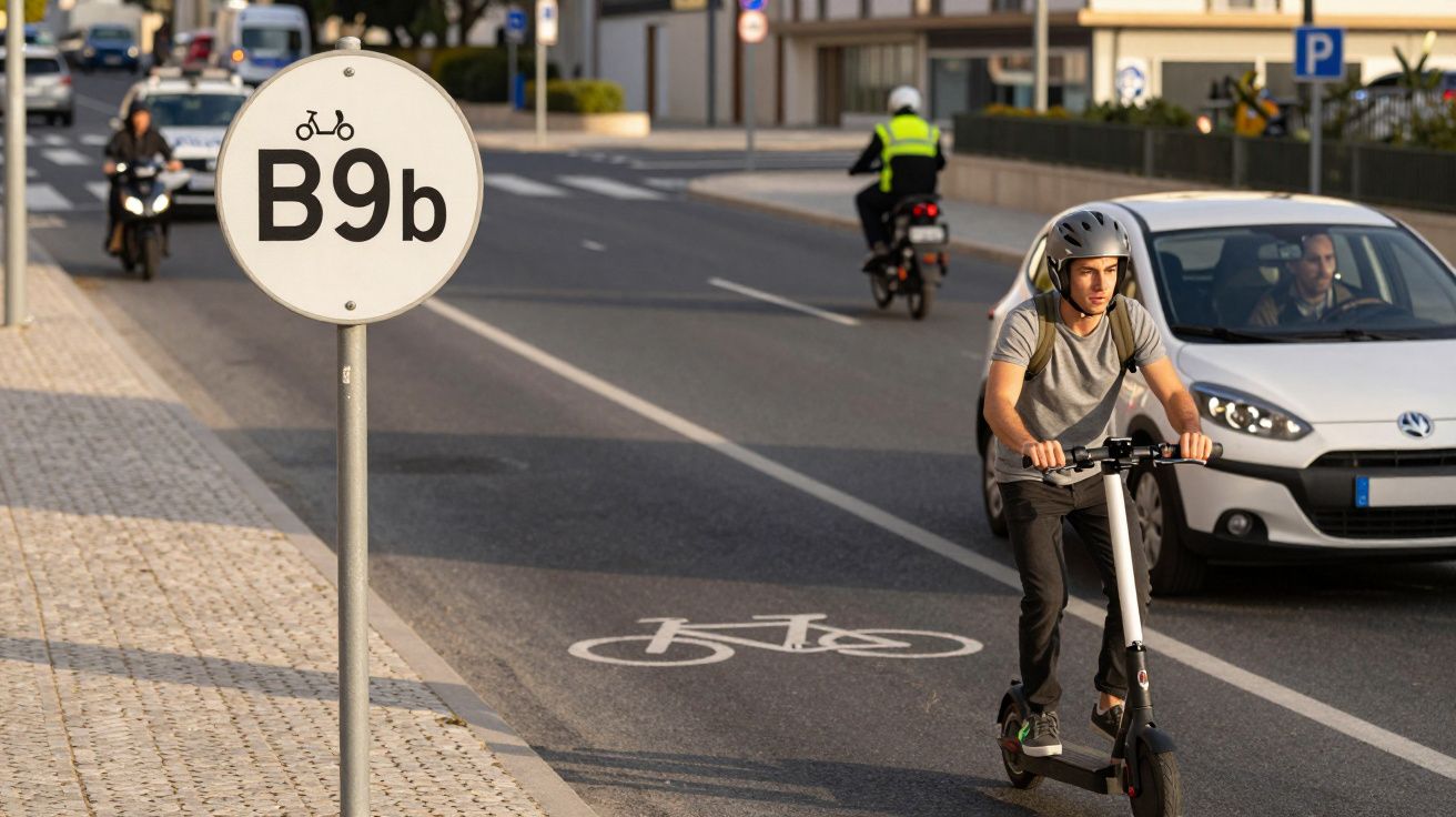 Homem de capacete a andar de trotinete elétrica em ciclovia urbana junto a sinais de trânsito.