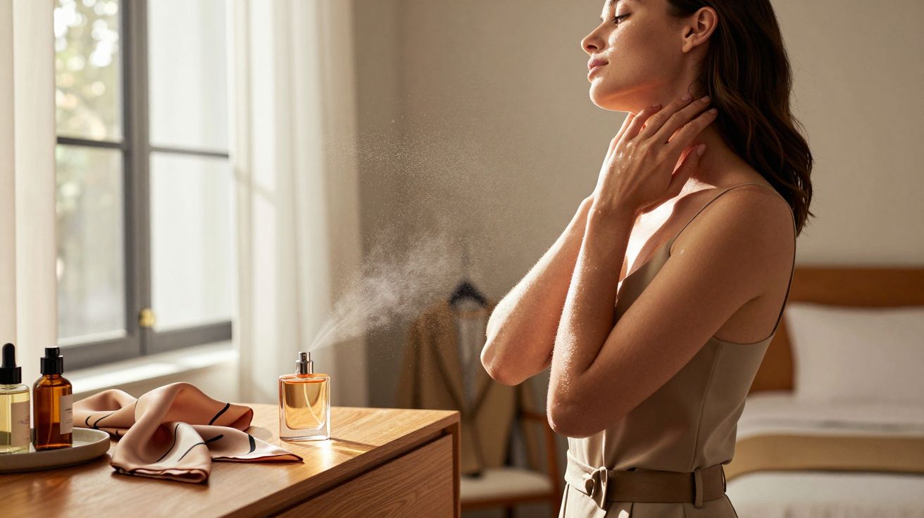 Mulher aplica perfume no pescoço numa divisão iluminada com frascos de cosméticos numa cómoda.