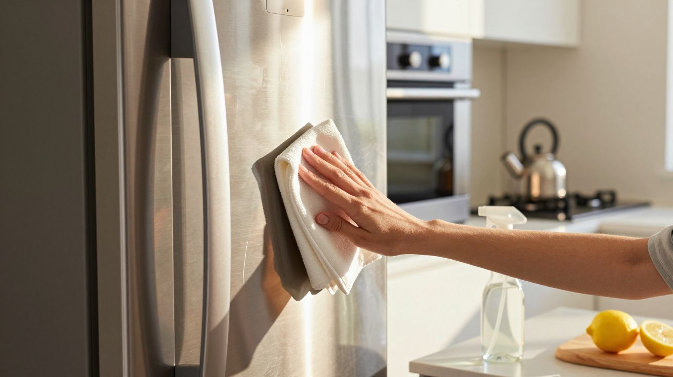 Mão a limpar porta de frigorífico em inox com pano branco numa cozinha moderna e iluminada.