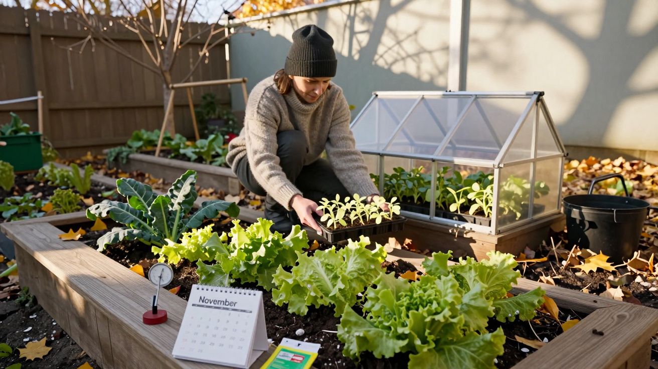 Mulher com gorro e camisola simpatiza plantas jovens numa horta com alfaces e estufas pequenas.