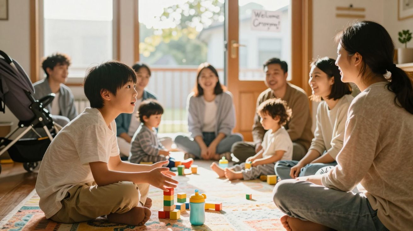 Crianças e adultos sentados em círculo a brincar e conversar numa sala iluminada por luz natural.