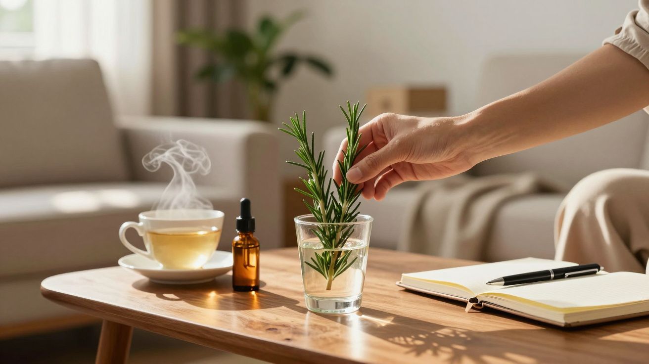 Mão com ramo de alecrim num copo de água, chá fumegante, frasco âmbar e caderno com caneta numa mesa de madeira.