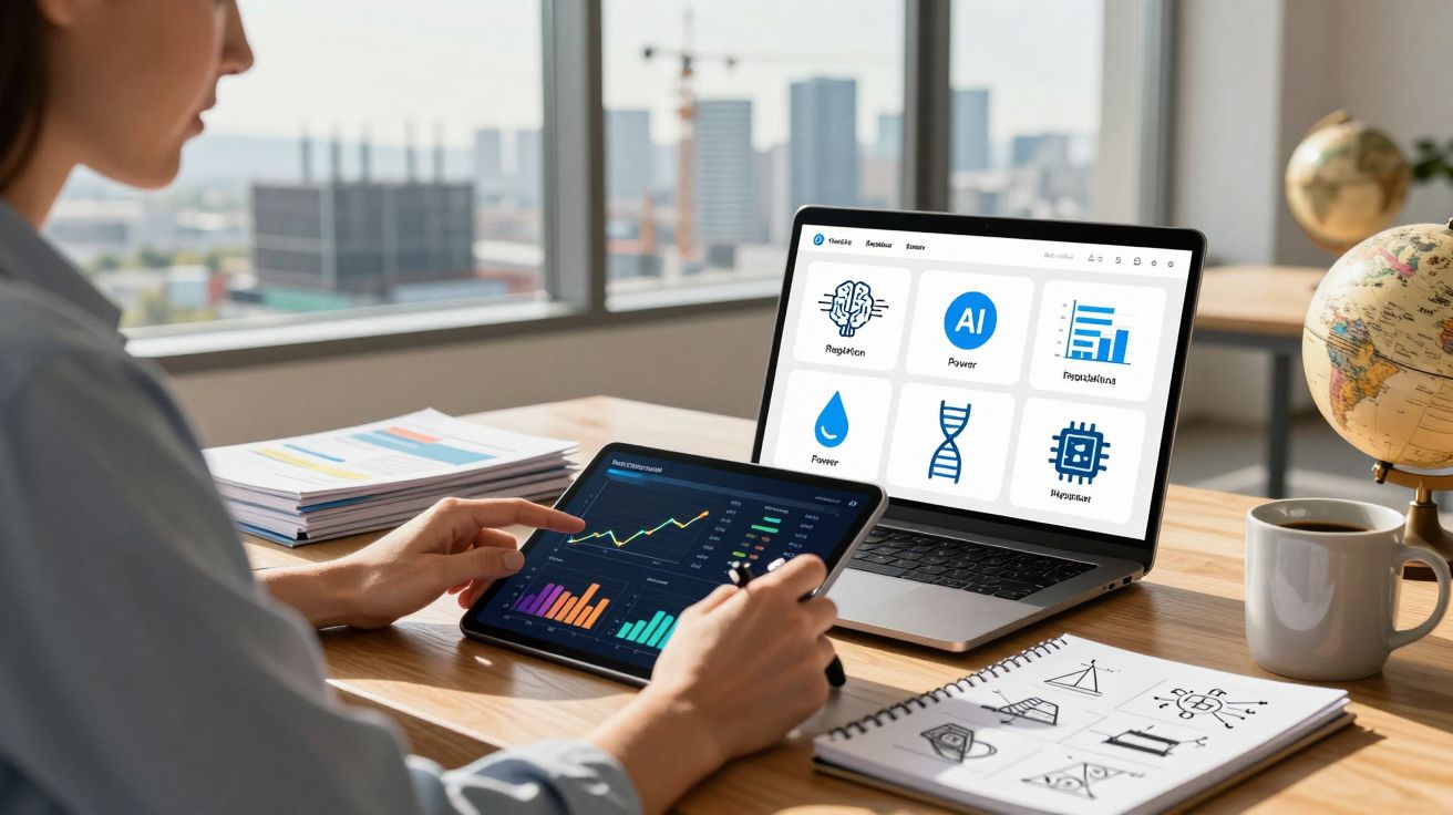 Pessoa a analisar gráficos financeiros num tablet com laptop aberto a mostrar ícones relacionados com inteligência artificial