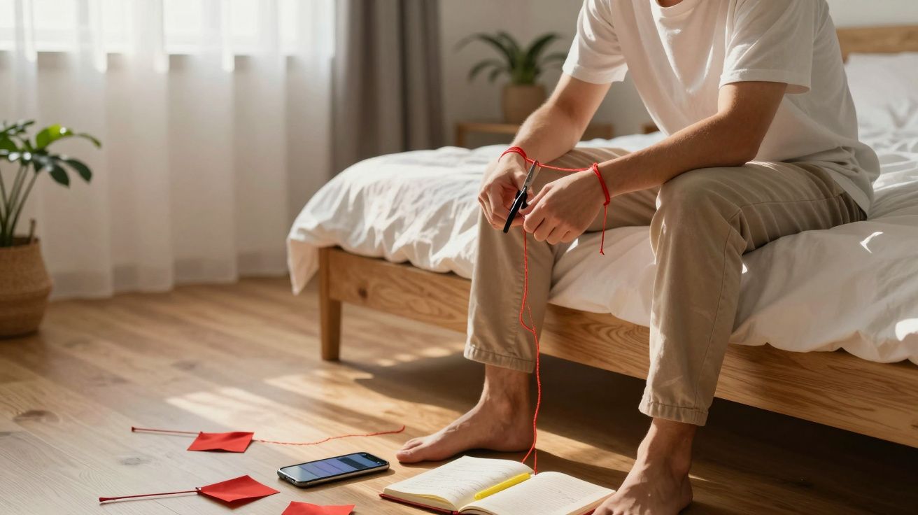 Pessoa sentada na beira da cama, com cordão vermelho nos pulsos, celular, livro aberto e papéis no chão.