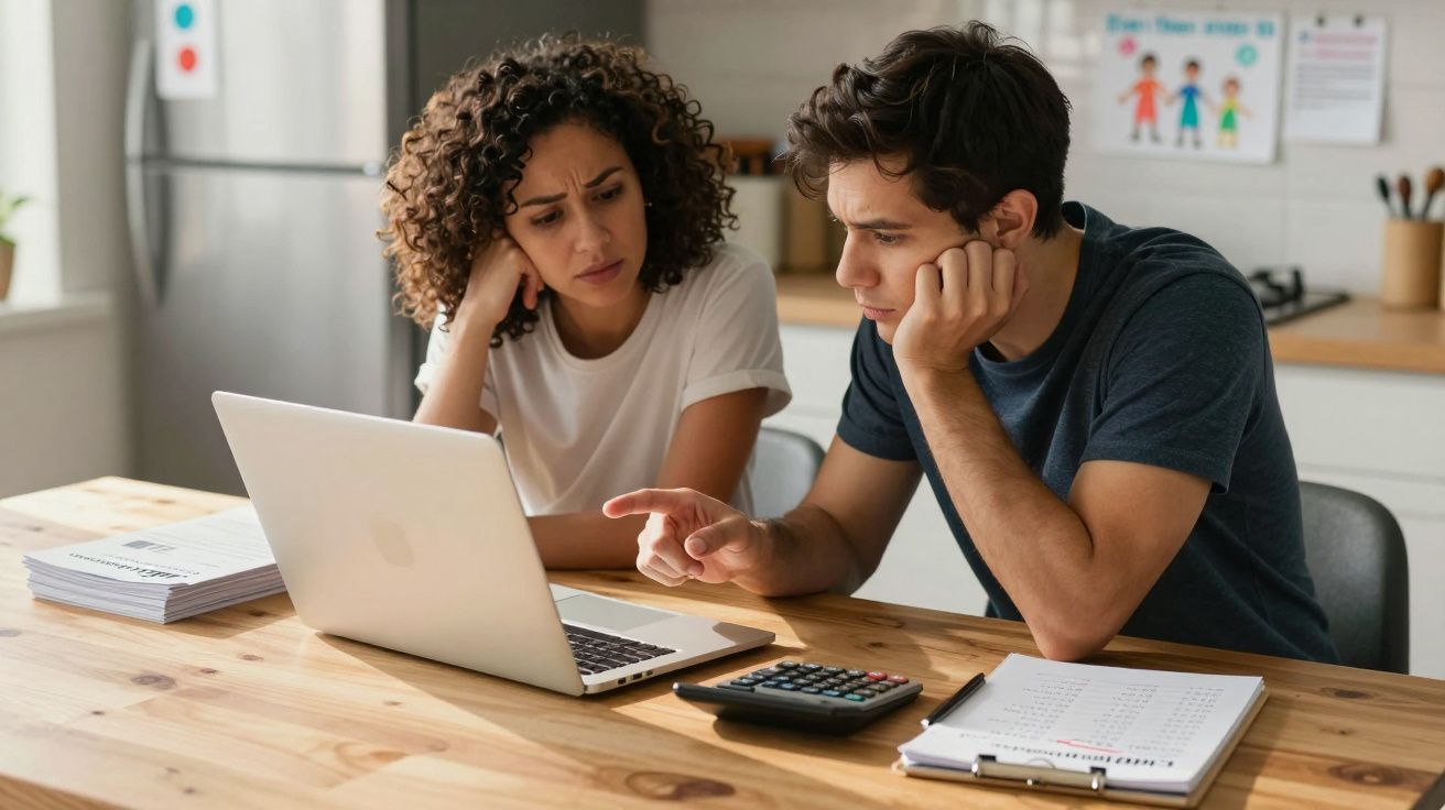Casal preocupado a analisar finanças em computador portátil numa cozinha moderna.