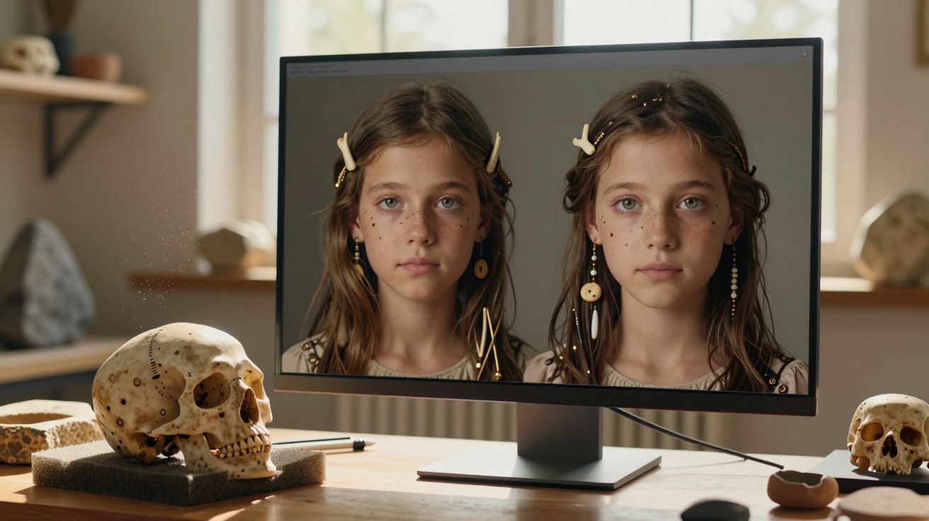 Monitor mostra duas imagens de uma rapariga com joias e pinos no cabelo, à frente de caveiras em mesa de madeira.