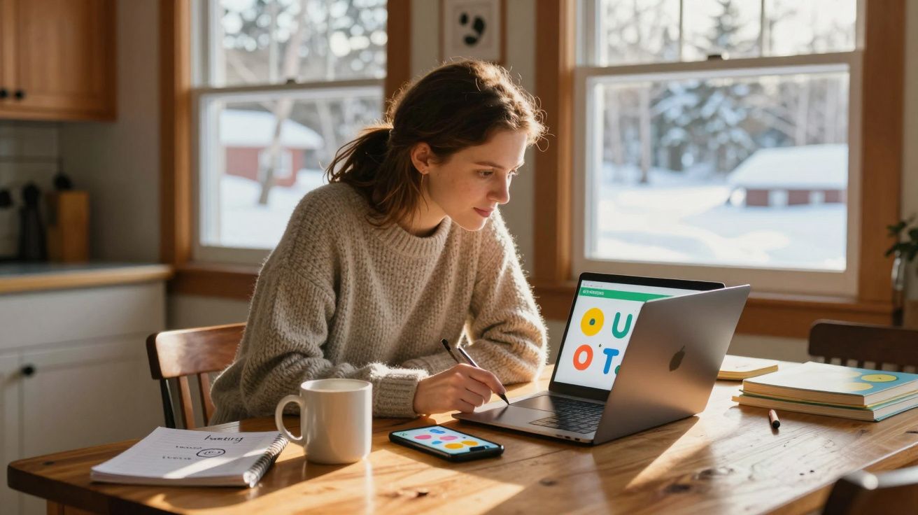 Mulher a trabalhar num portátil numa cozinha com luz natural, com caneca, telemóvel e cadernos na mesa.