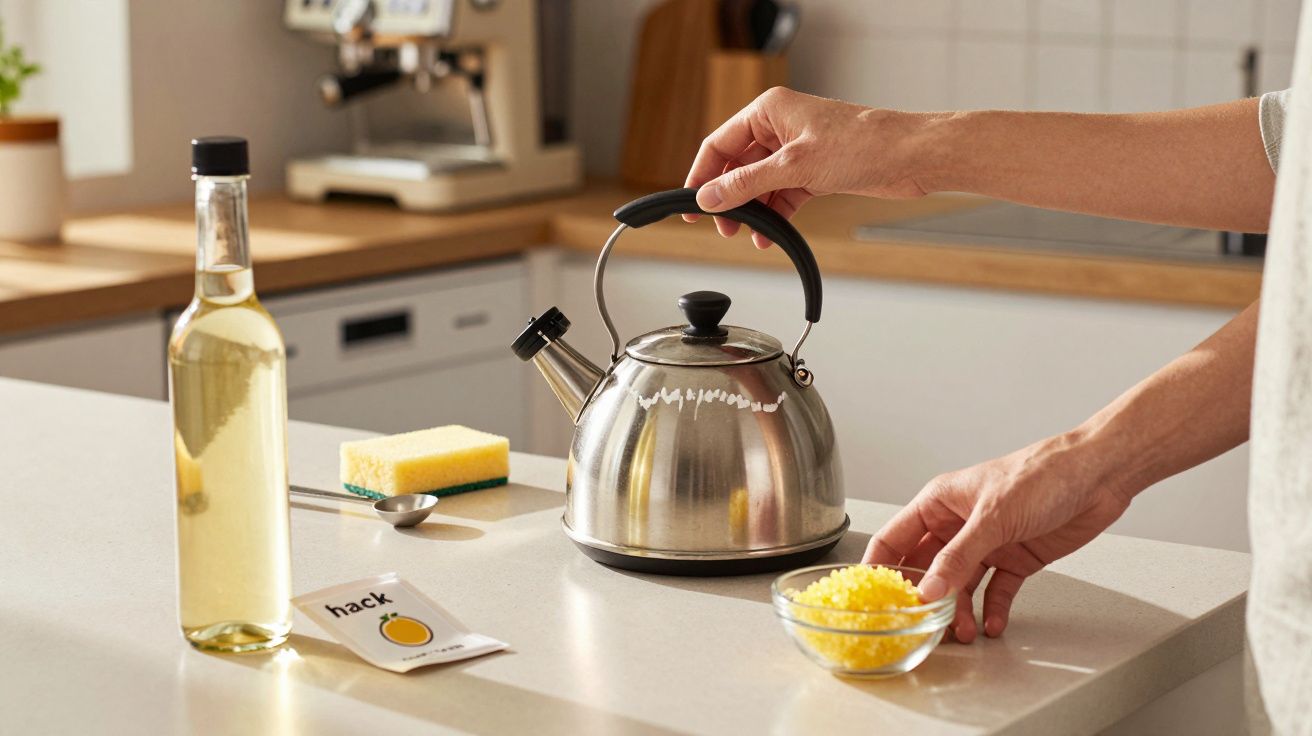 Mãos seguram um bule de aço inox na cozinha, com garrafa, esponja, colher e tigela com cubos amarelos na bancada.