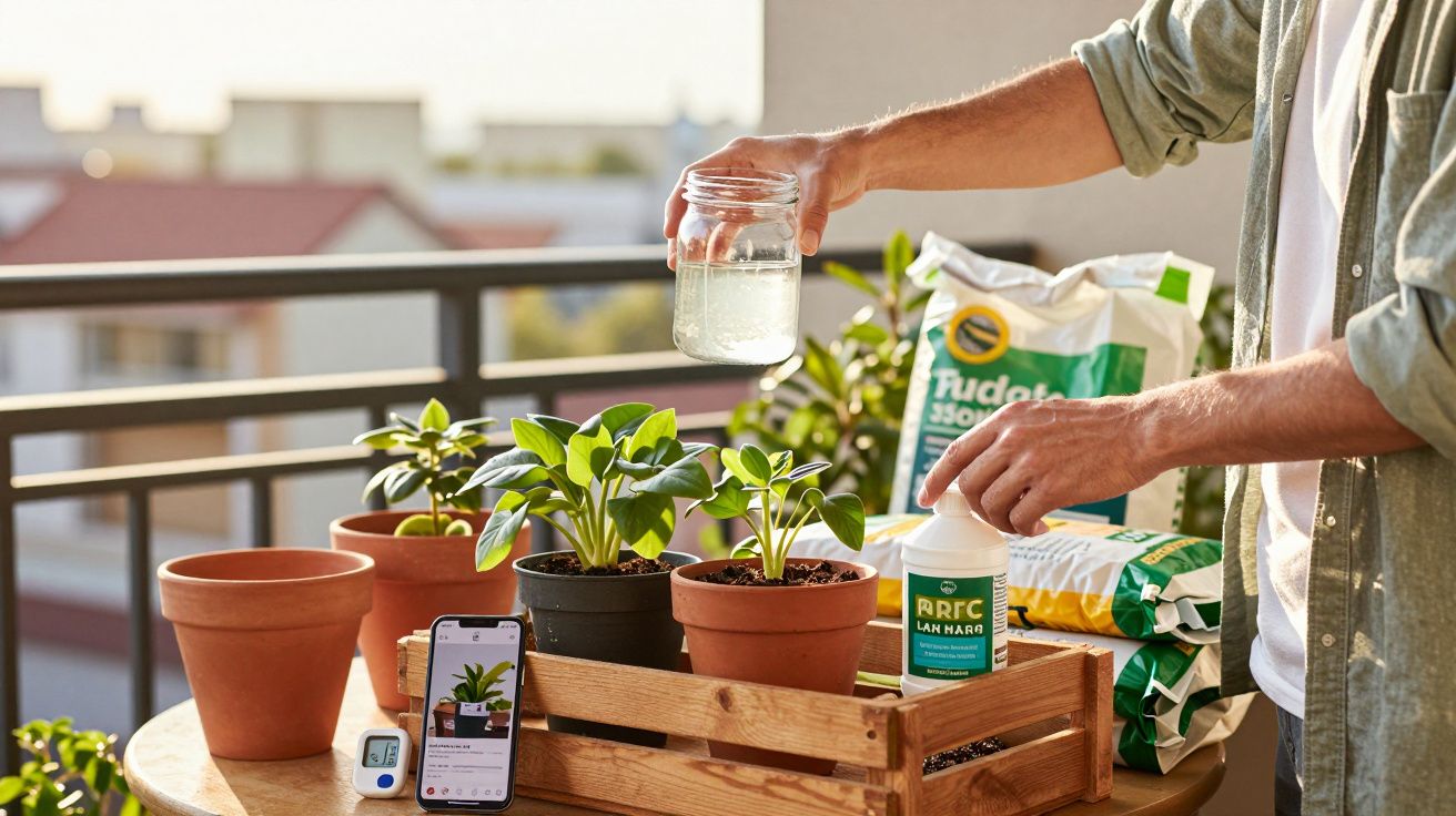 Pessoa a regar plantas em vasos num terraço, com adubo e telefone a mostrar cuidados das plantas.