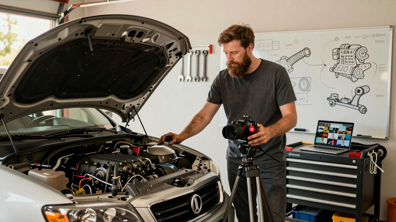 Homem a fotografar o motor de um carro aberto numa oficina com quadro branco e ferramentas ao fundo.