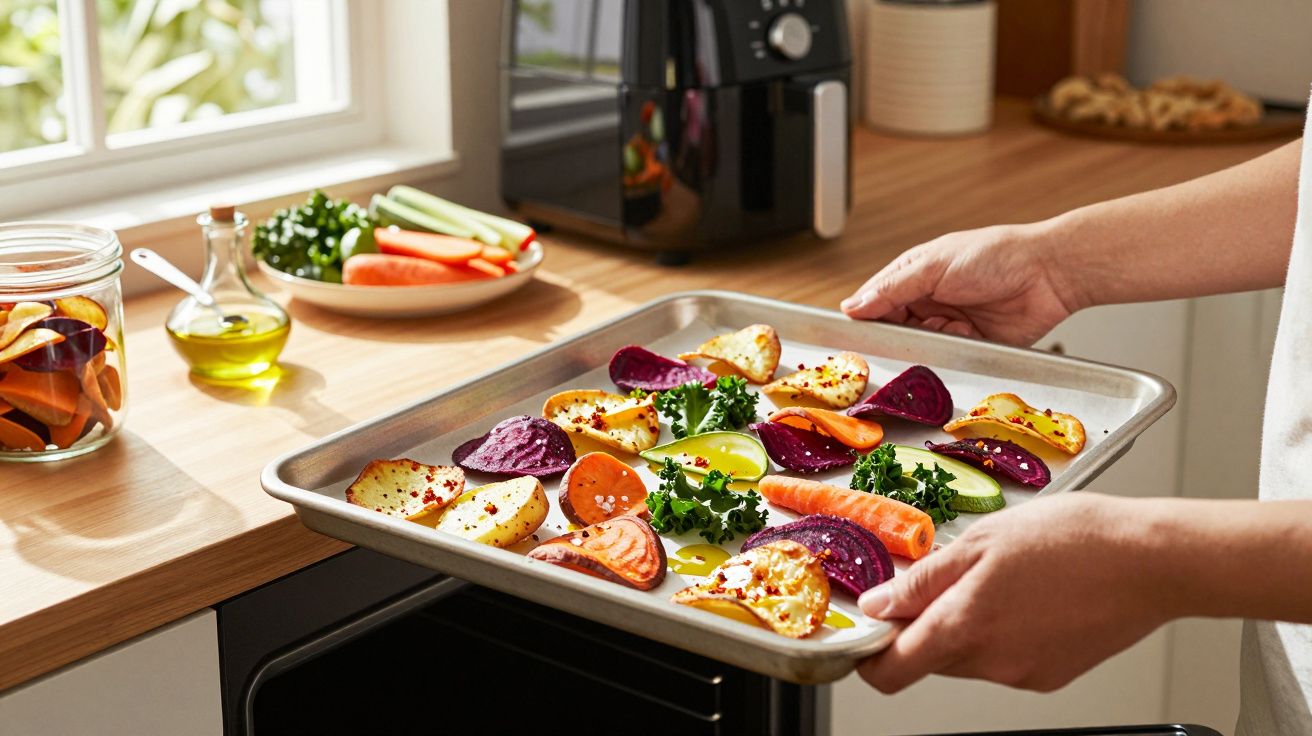 Mãos a colocar tabuleiro com vegetais coloridos para assar no forno numa cozinha iluminada.