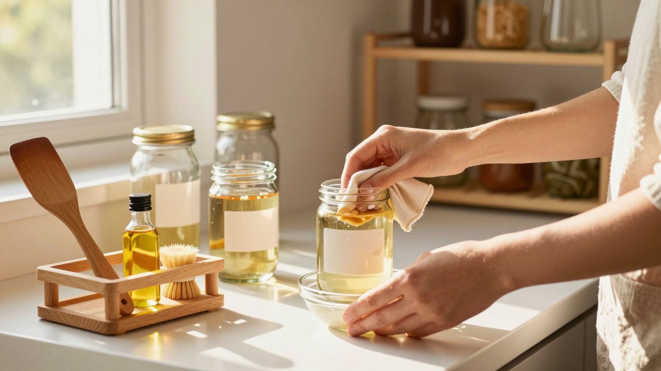 Pessoa a preparar óleo essencial caseiro numa bancada de cozinha com frascos e utensílios.