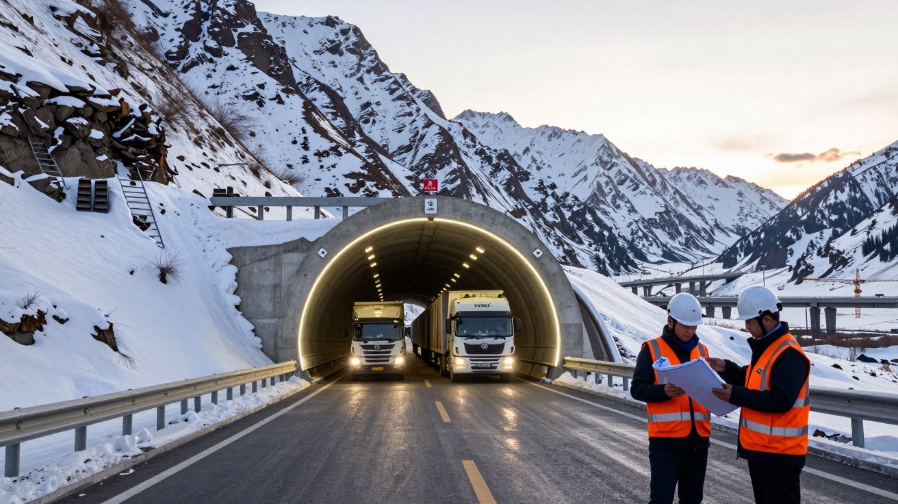 Dois camiões saem de túnel na montanha nevada enquanto dois trabalhadores com coletes e capacetes examinam documentos.