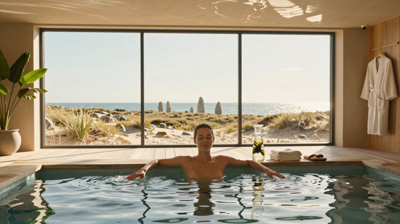 Mulher relaxa numa piscina interior com vista para praia e mar ao fundo através de grande janela panorâmica.