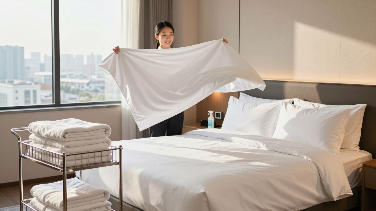 Mulher a estender lençol branco num quarto de hotel com cama feita e janelas amplas.