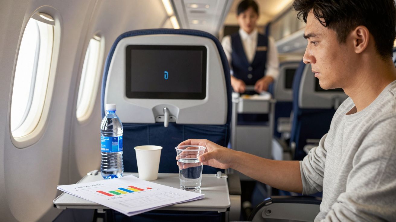 Homem sentado num avião, com gráficos e garrafa de água na mesa à sua frente.