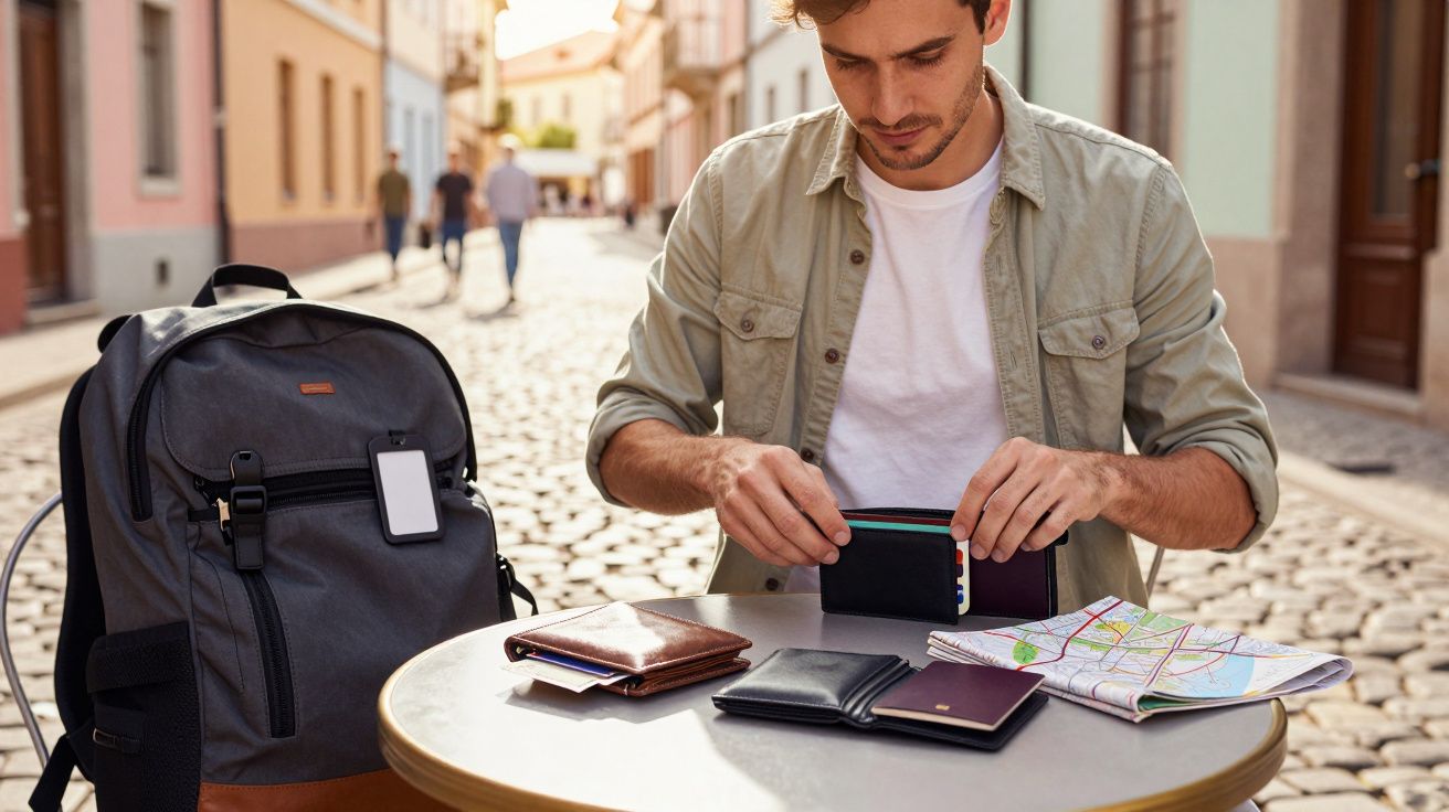 Homem sentado numa esplanada a organizar cartões com mapa, carteiras e mochila numa rua de calçada.