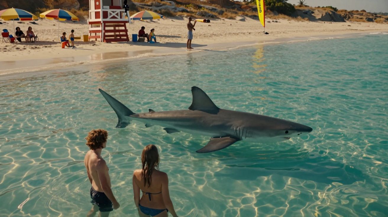 Duas pessoas na água rasa da praia observam um grande tubarão nadando perto da areia ensolarada.