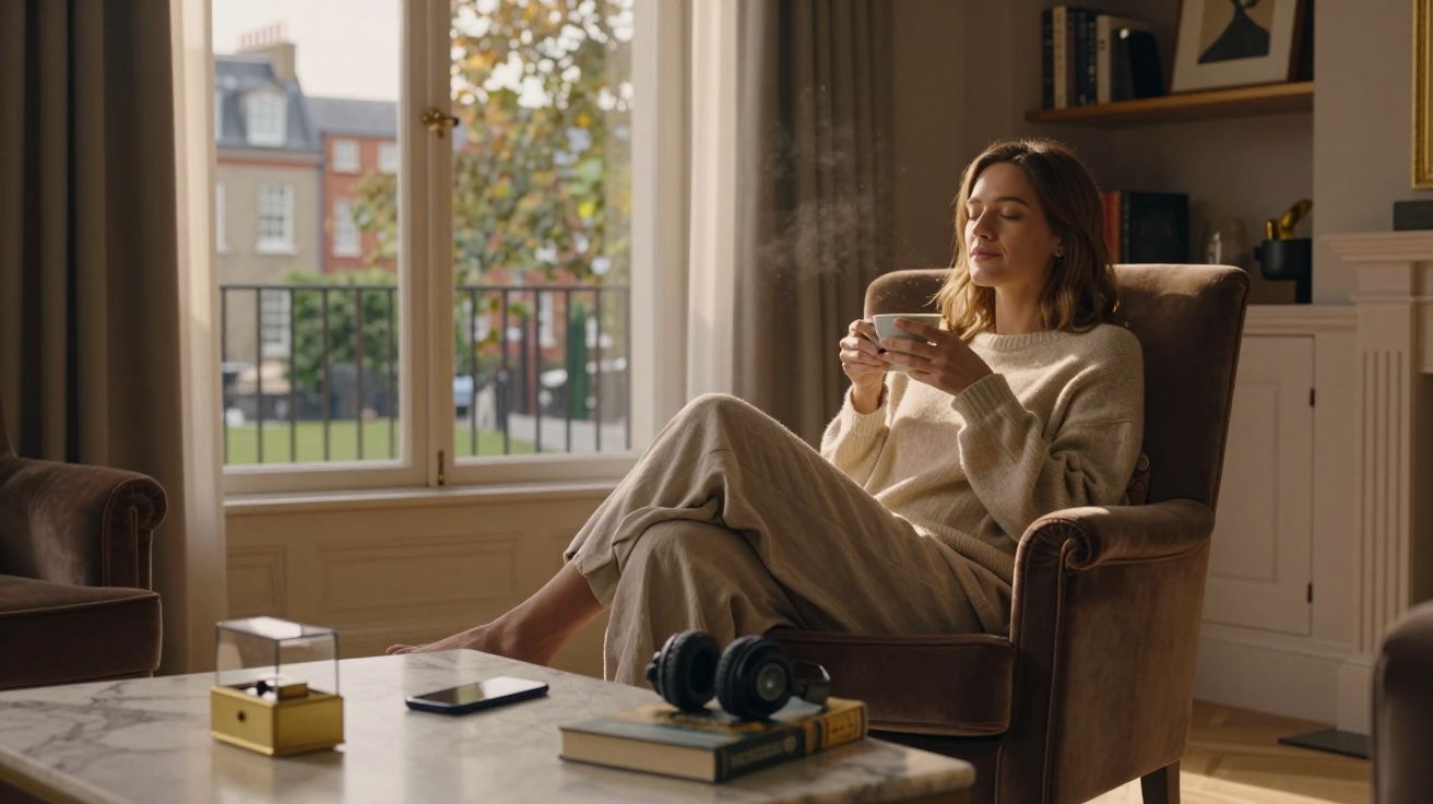 Mulher sentada numa poltrona confortável a beber chá com os olhos fechados numa sala iluminada.