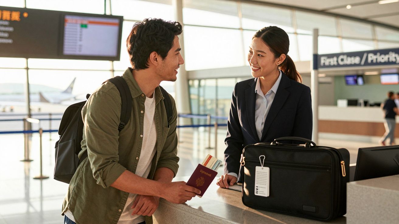 Passageiro com mochila entrega passaporte a funcionária no balcão de atendimento do aeroporto.