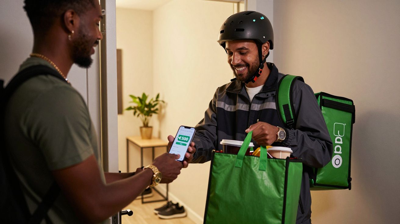 Entregador de mochila verde a mostrar pagamento numa aplicação móvel para cliente em casa.