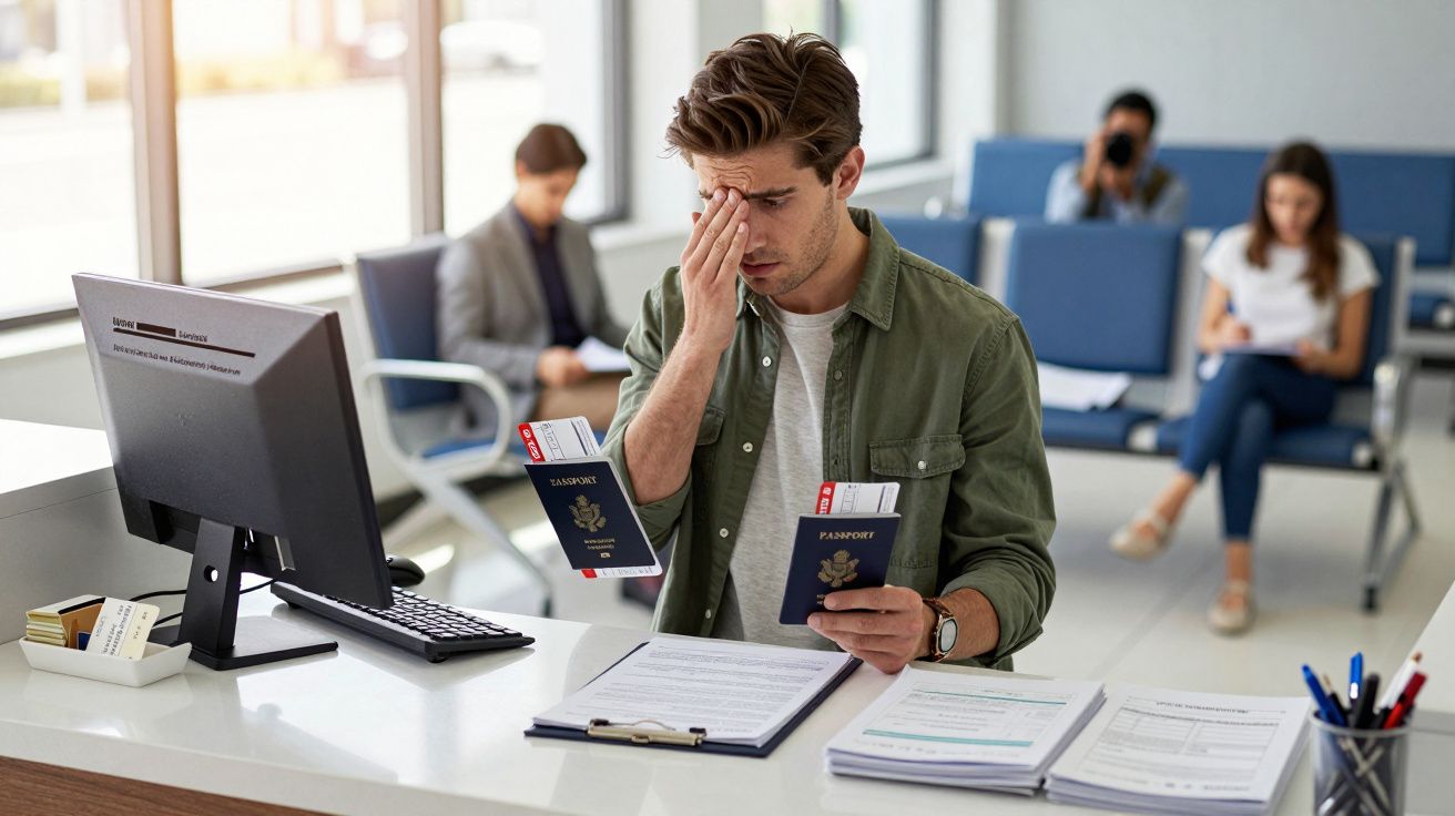 Jovem preocupado verifica passaportes numa mesa de atendimento num escritório com pessoas ao fundo.