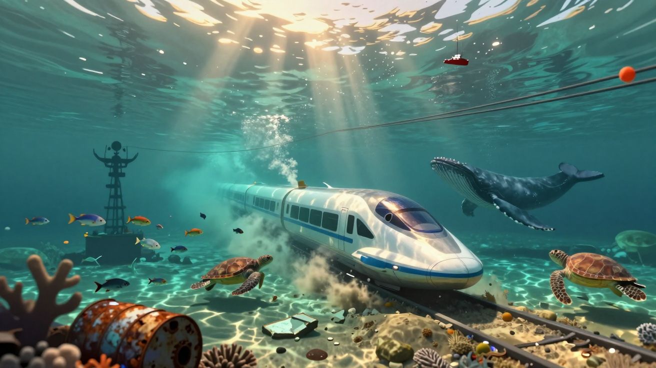 Comboio moderno subaquático a circular no fundo do oceano rodeado de tartarugas, peixes e uma baleia.