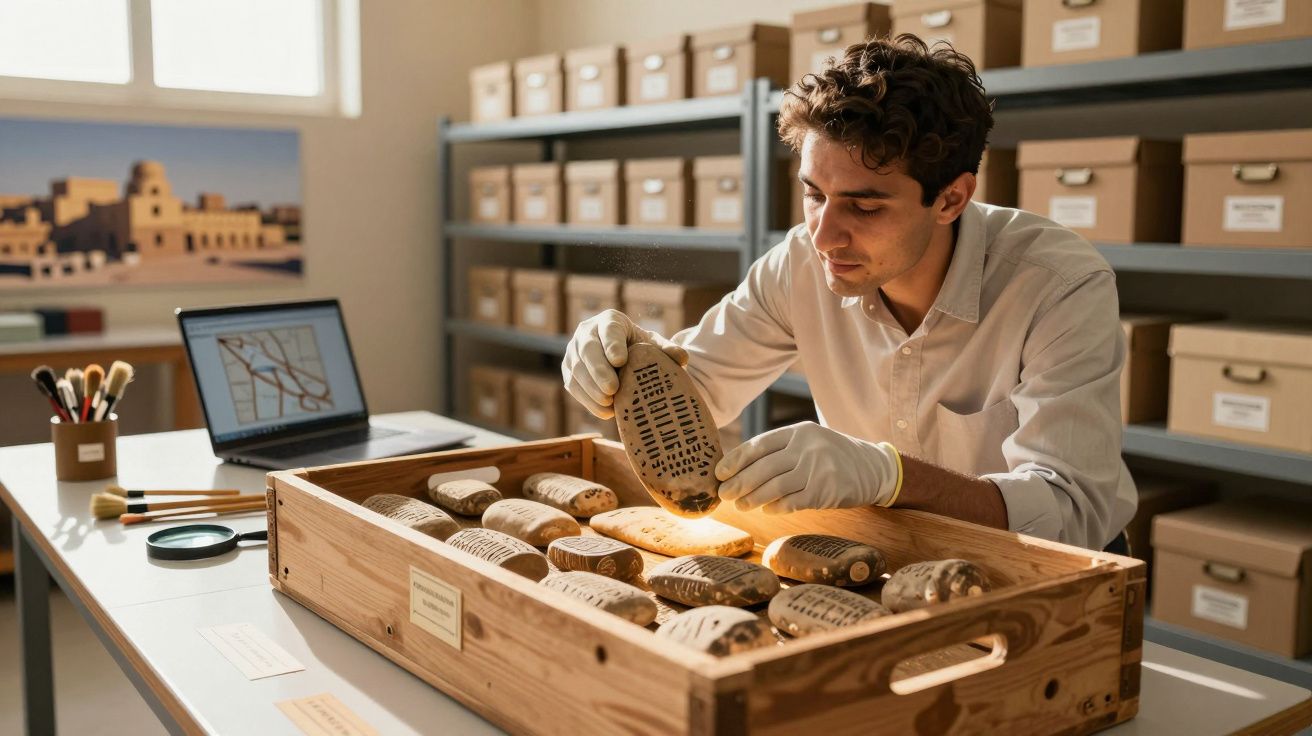 Homem a examinar tabuletas antigas com escrita, usando luvas, numa sala de arquivo com prateleiras e computador.