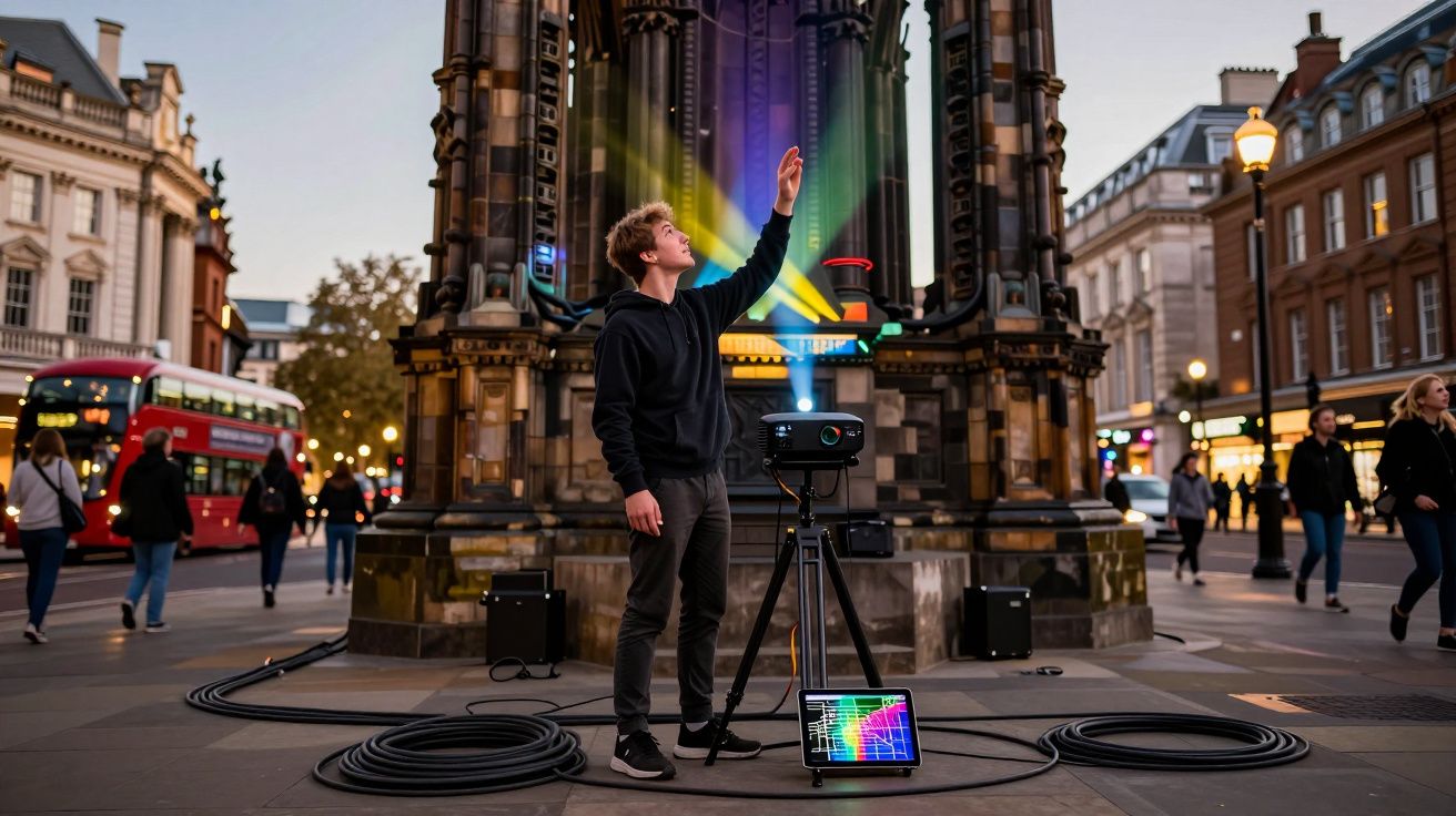 Homem no centro de Londres interage com projeções coloridas em equipamento tecnológico numa rua movimentada.
