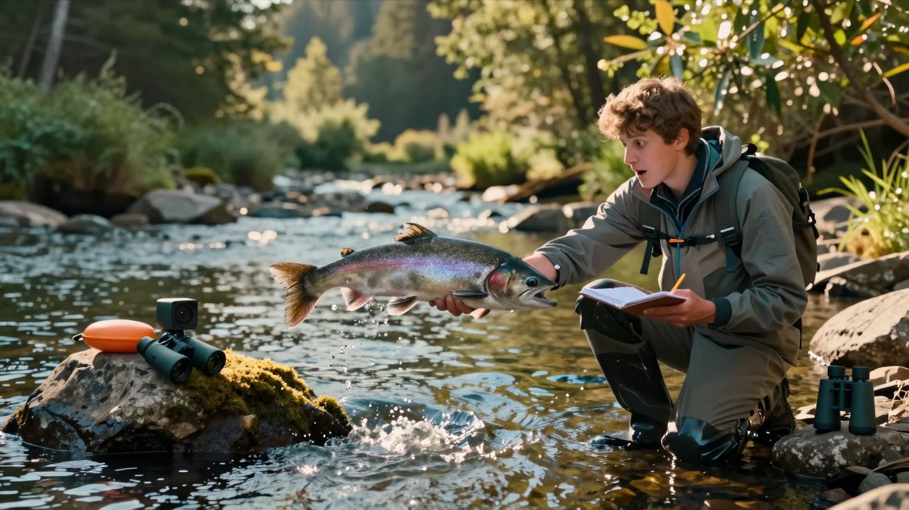 Jovem agachado em rio segurando peixe grande e escrevendo em caderno durante expedição.