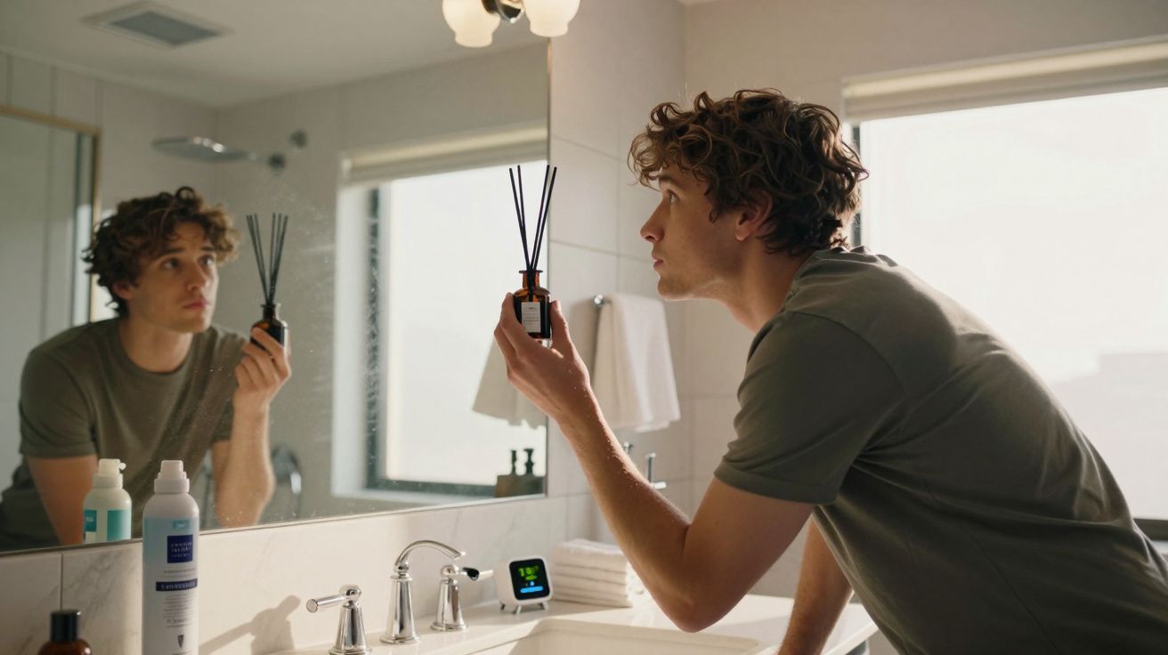 Homem jovem cheira um difusor de aromas no wc moderno com espelho e luz natural.