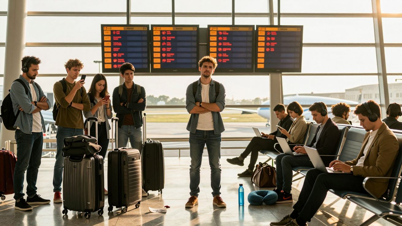 Vários passageiros esperan do seu voo no aeroporto, alguns com bagagem, outros usando dispositivos eletrónicos.