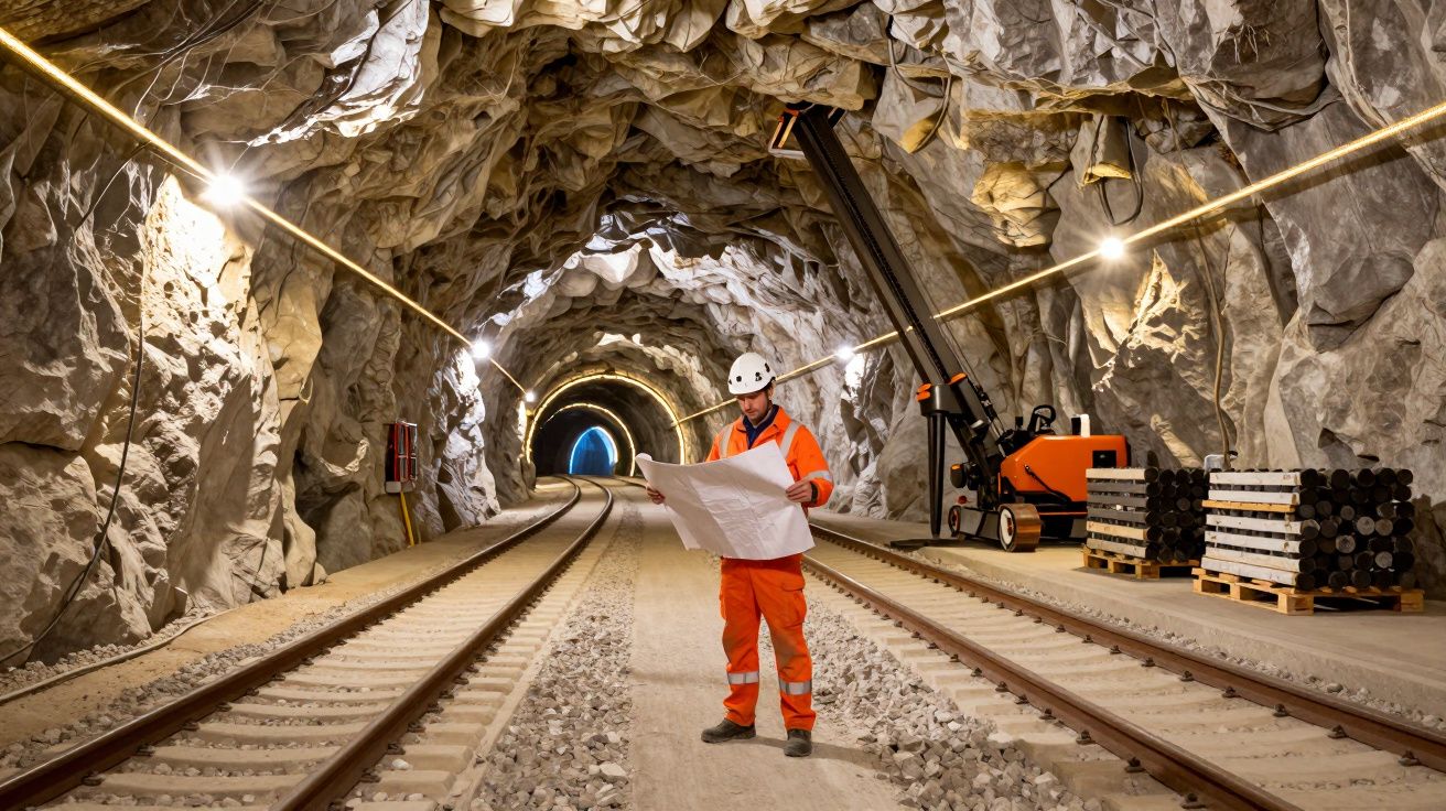 Trabalhador com capacete e fato laranja a analisar plantas numa obra de túnel ferroviário em fase de construção.