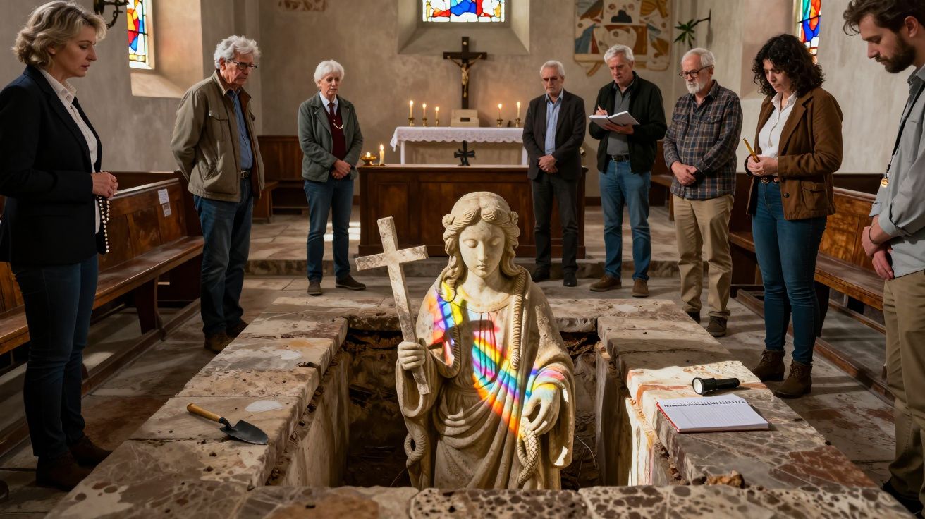 Pessoas em círculo dentro de igreja rodeiam sepultura com estátua religiosa iluminada por vitral colorido.