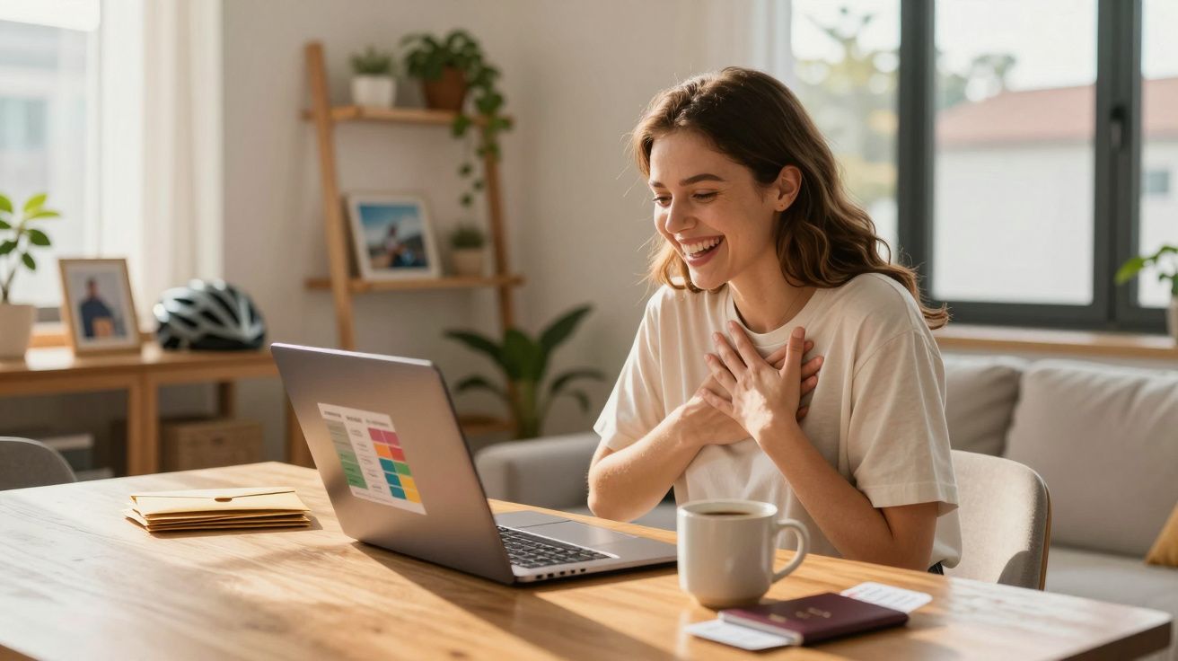 Mulher sorridente sentada à secretária em casa, a olhar para o computador portátil com as mãos no peito.