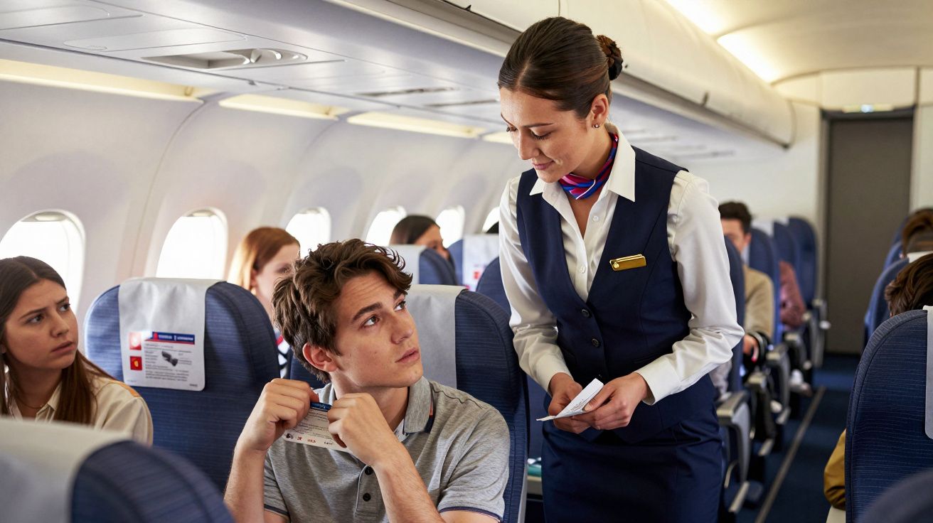 Comissária de bordo a ajudar passageiro sentado dentro de avião durante voo comercial.