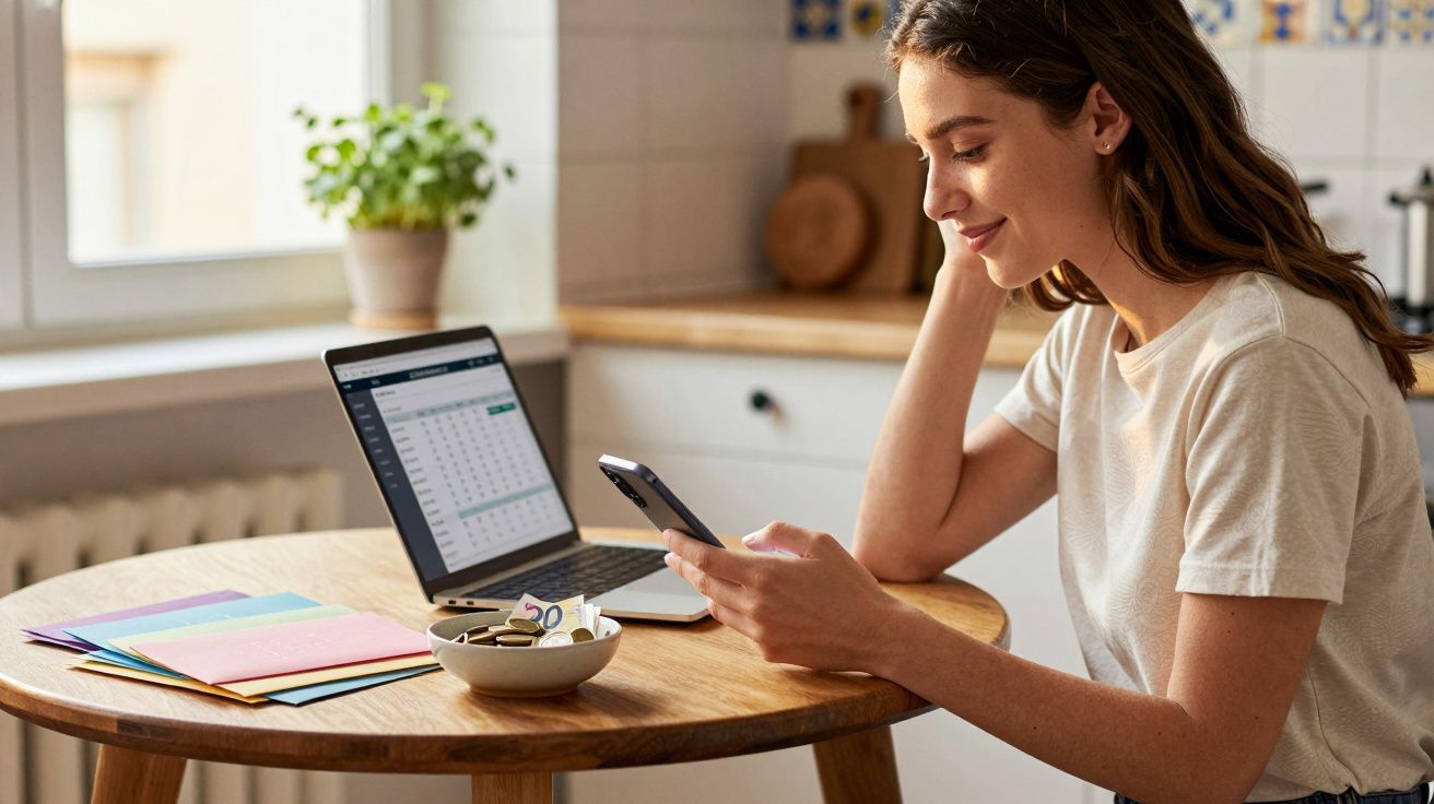 Mulher sentada a sorrir e a olhar para o telemóvel numa cozinha com laptop aberto e documentos na mesa.
