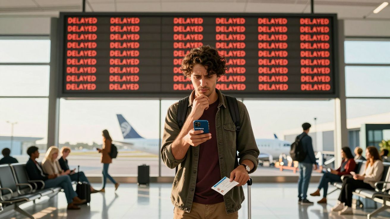 Homem no aeroporto com bilhete na mão, preocupado, com painel de voos atrasados ao fundo.