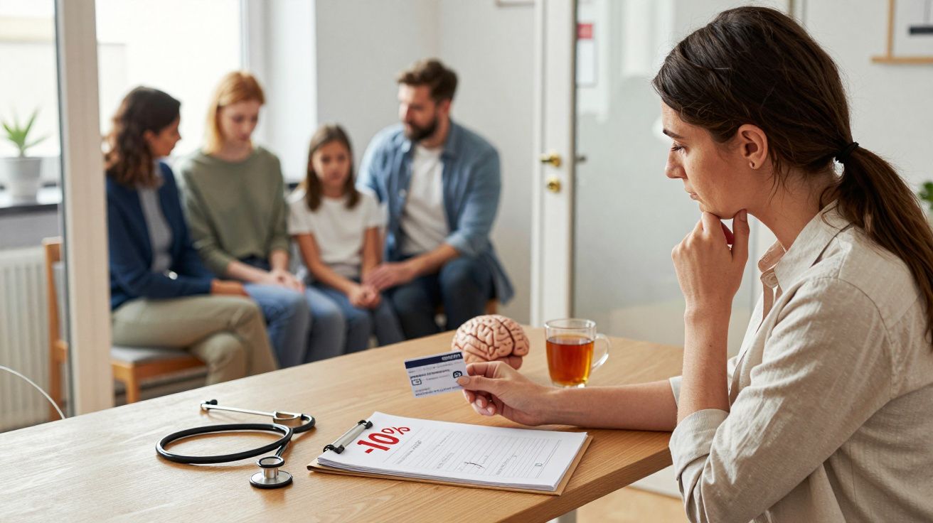 Médica pensativa segura cartão de saúde com família sentada ao fundo durante consulta.