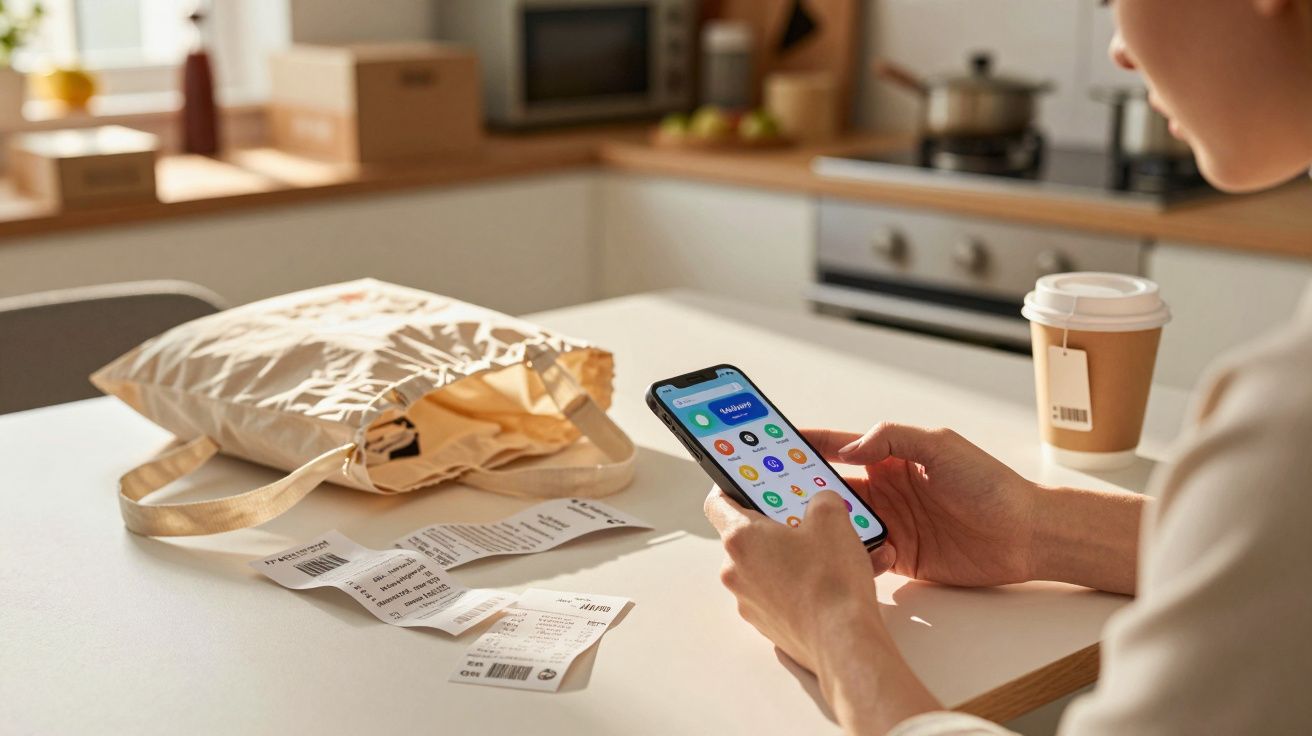 Pessoa a usar telemóvel com app de pagamentos na mesa, juntamente com recibos, saco de pano e café num copo descartável.