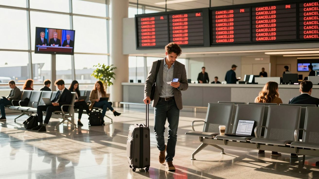 Homem com mala a consultar telemóvel no aeroporto, voos exibem 'Cancelled' nos ecrãs de informação.