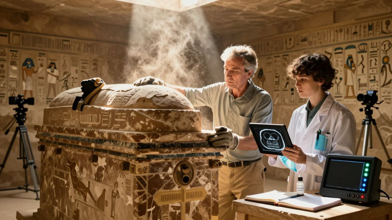 Dois arqueólogos estudam um sarcófago antigo numa tumba egípcia decorada com hieróglifos.