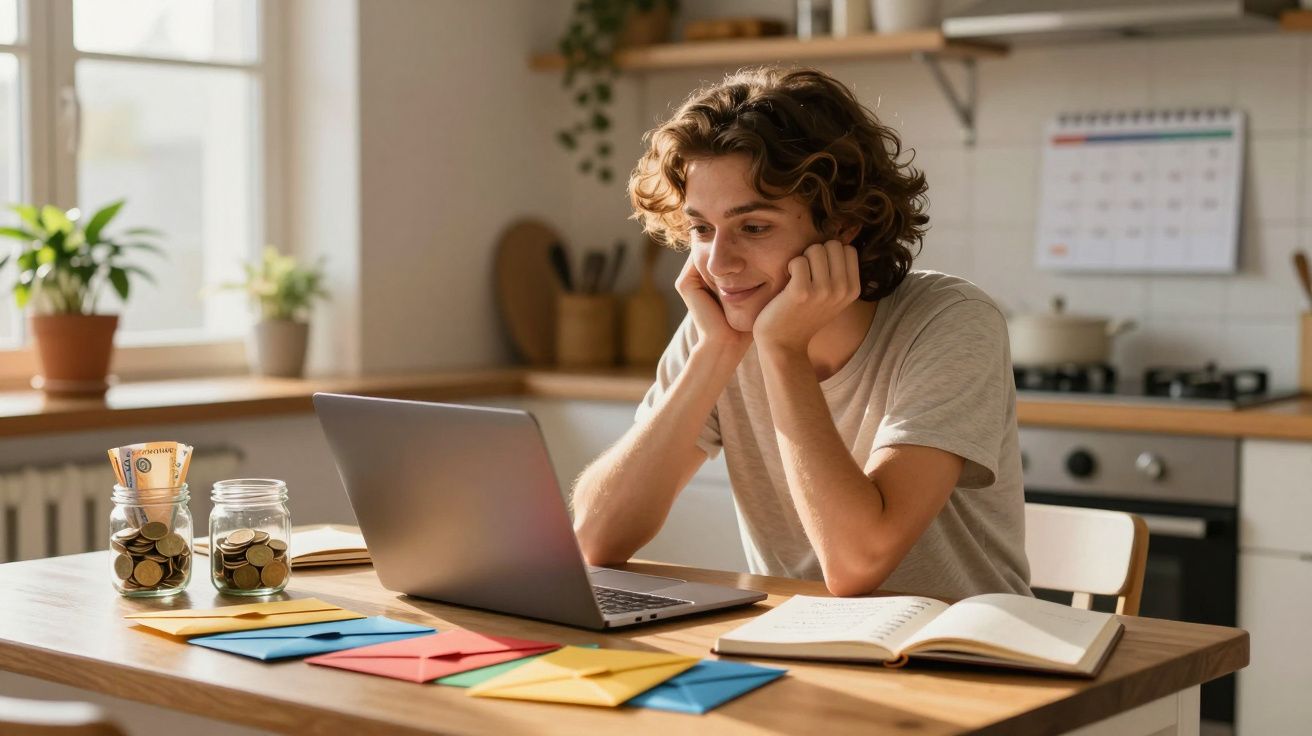 Jovem sentado à mesa, a olhar o computador com ares de satisfação, rodeado de envelopes, notas e cofres com moedas.