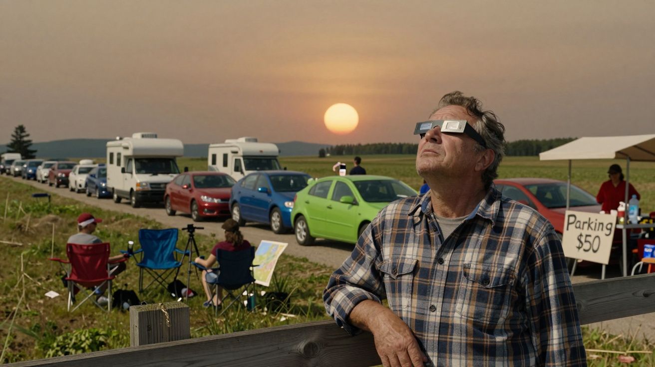 Homem com óculos especiais observa eclipse solar enquanto carros e pessoas aguardam em parque rural ao pôr do sol.