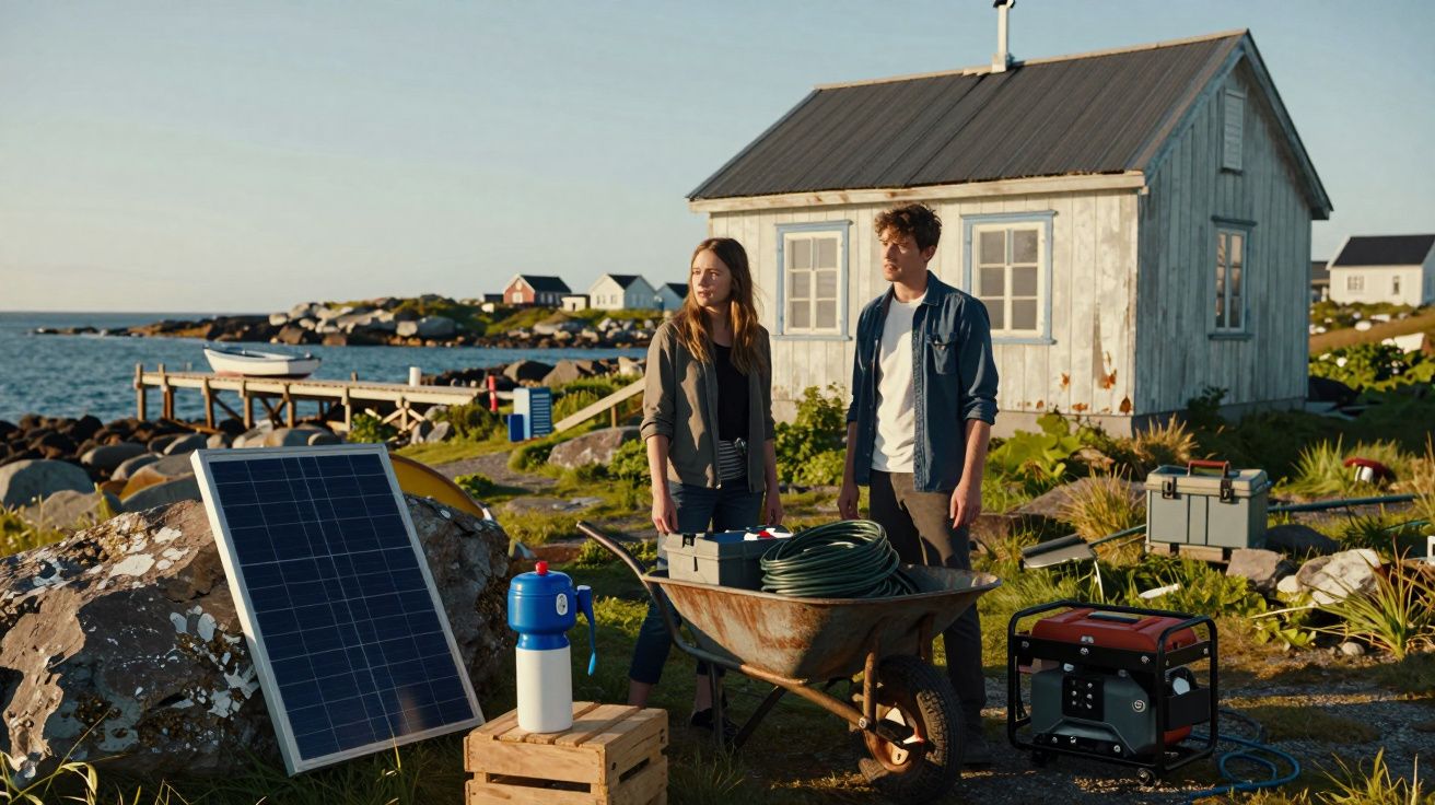 Casal ao ar livre perto de casa rústica com painel solar, gerador e equipamento de jardinagem junto ao mar.