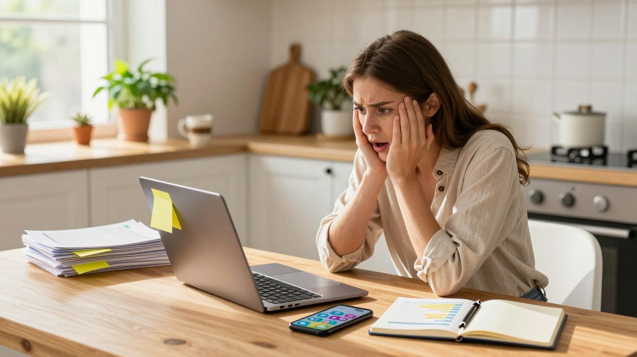 Mulher com expressão preocupada ao olhar para portátil numa cozinha, com documentos e telemóvel na mesa.