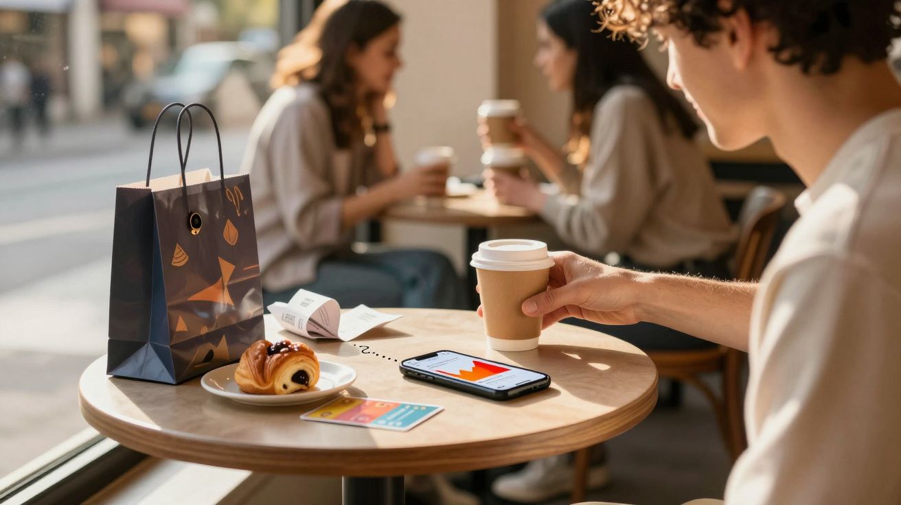 Pessoa segurando café junto a mesa com croissant, telemóvel com gráfico e cartão num café com outras pessoas ao fundo.