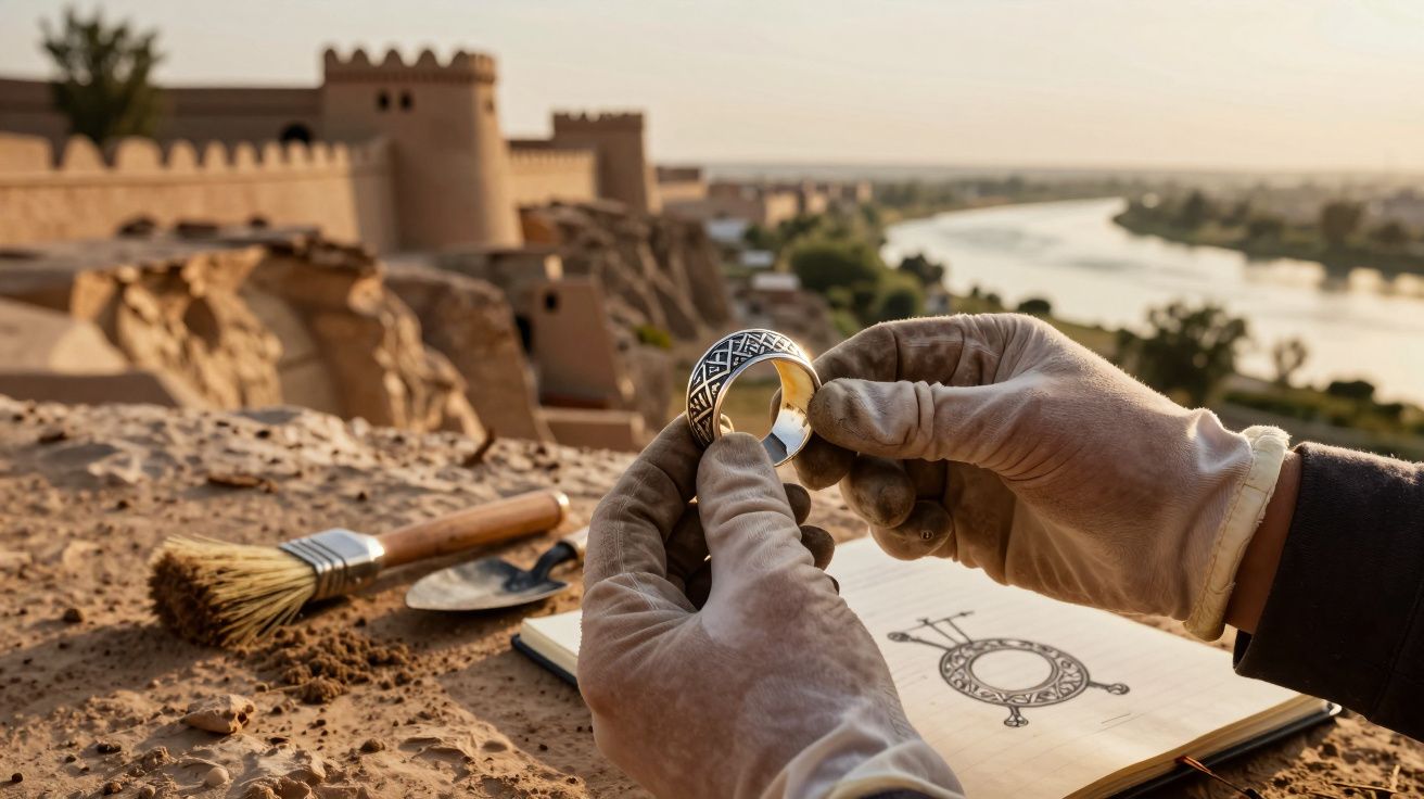 Mãos com luvas seguram anel arqueológico detalhado junto a escavação com pincel, caderno e castelo ao fundo.