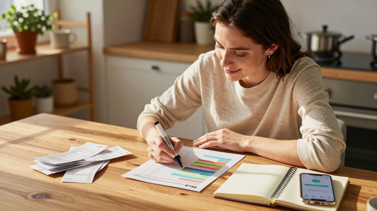 Mulher sentada à mesa a analisar gráficos coloridos, com cadernos, smartphone e papéis à sua frente.