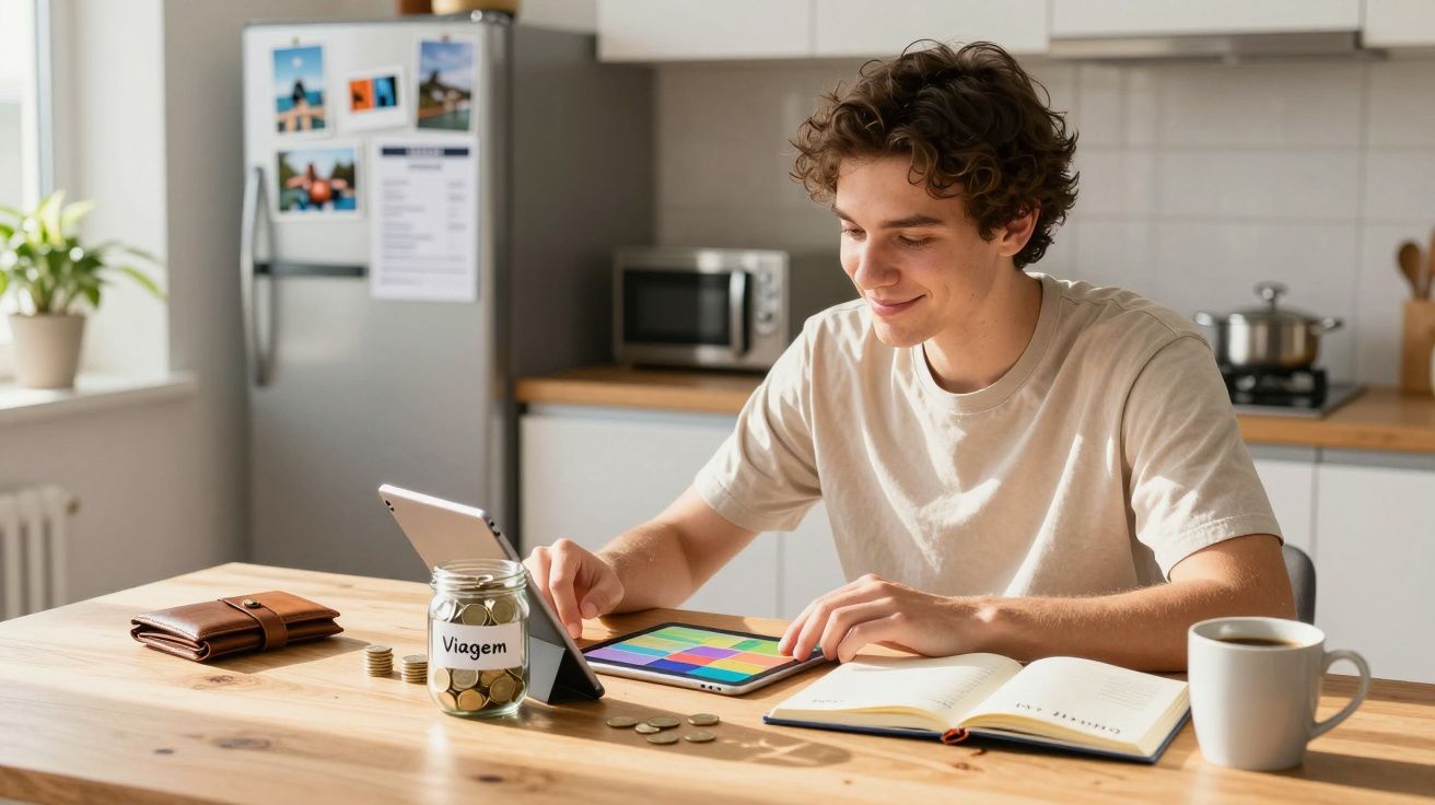 Homem jovem sentado a contar moedas numa cozinha com frasco etiquetado "Viagem" e tablet à frente.
